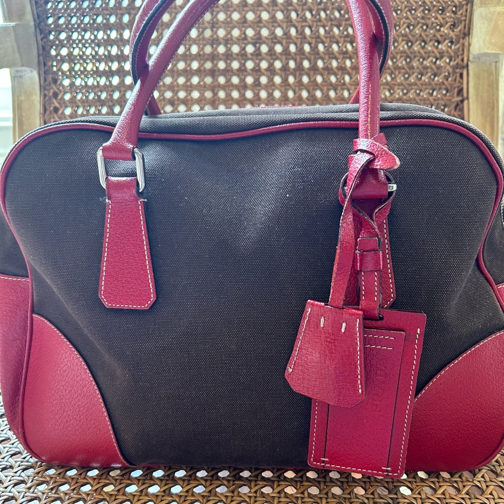 COPY - Prada Pebbled Red Leather and Brown Canvas Bowling Bag Designed Handbag.…